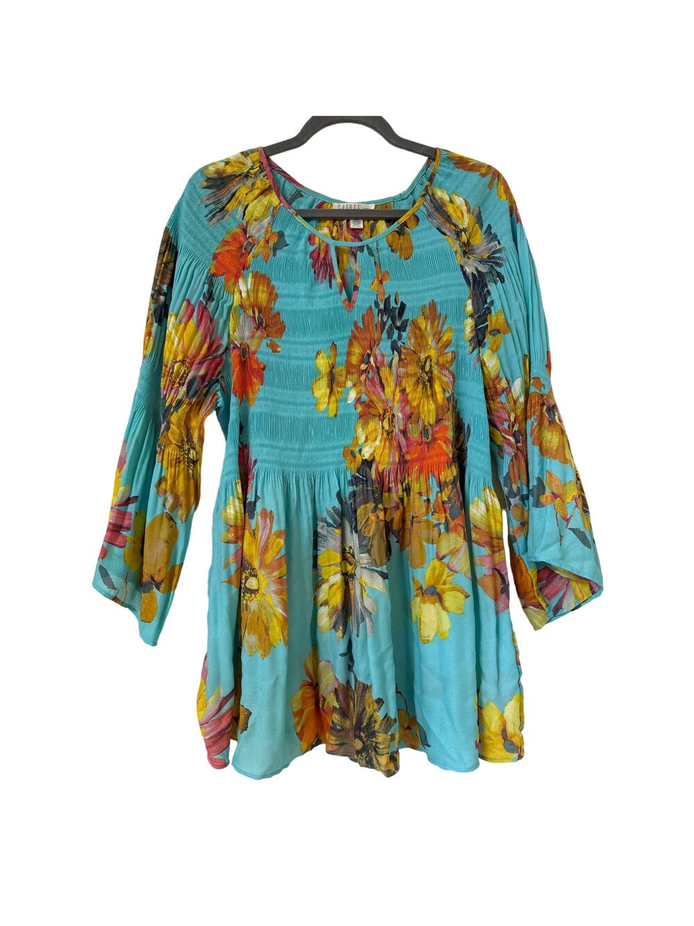 Spence Woman 1X 3/4 Bell Sleeve Scoop Key Hole Neck Blue With Autumn Flowers